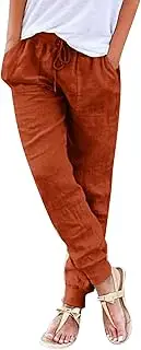 [Generic] Cotton Linen Pants Women Summer Elastic High Waist Casual Yoga Pants Comfy Lightweight Tapered Joggers with Pockets
