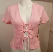 Superdown Ciara Womens Top Size XS Pink Short Sleeve Tie-Front Cropped Lined New