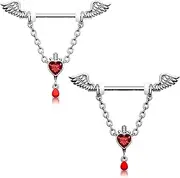[Melighting] Halloween Dangle Nipple Rings CZ Nipple Bars 316L Stainless Steel Nipple Bars Wings Nipple Jewellery Heart Nipple Barbell for Women, 14G 14MM, Stainless Steel