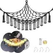 CERETIA Stuffed Animal Hammock with LED Light, Macrame Net for Stuffed Animals Corner, Hanging Stuffed Animal Net or Hammock, Toy Hammock for Stuffed Animals Storage for Kids Toy Storage, Black