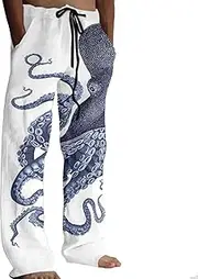 [YongXinMY] Men's Japanese Style Printed Lounge Pants - Octopus Graphic Straight Leg Drawsting Elastic Waist Casual Pants Traditional Sashiko Art Linen Blend Trousers