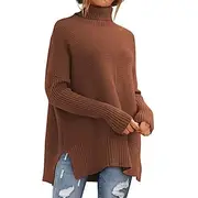 Women's Sweater Pullover Casual Soft Solid Color Ribbed Turtleneck Knitted Split Long Sleeve Regular Tops Knit Holiday Going out Weekend Black Brown Fall Winte