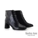 Keeley Ann綁帶後拉鍊真皮短靴(黑色277772310-Ann系列)