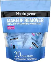 Neutrogena Makeup Remover Facial Cleansing Towelette Singles, Daily Face Wipes Remove Dirt, Oil, Makeup & Waterproof Mascara, Gentle, Individually Wrapped, 100% Plant-Based Fibers, 20 ct