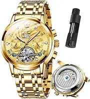 [OLEVS] Automatic Watch for Men Skeleton Self Winding Mechanical Tourbillon Classic Diamond Dial with Date-Day-Month Stainless Steel Men's Waterproof Luminous Wrist Watches（Green/Blue/Gold/Black）