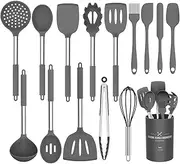 Silicone Cooking Utensil Set,Umite Chef Kitchen Utensils 15pcs Cooking Utensils Set Non-Stick Heat Resistan BPA-Free Silicone Stainless Steel Handle Cooking Tools Whisk Kitchen Tools Set - Grey