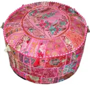 Indian Round Vintage Pink Pouffe Patchwork Ottoman Floor Cushion Cover Embroidey