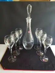 7pc Romania Elegant Crystal Decanter Set New Old Sock w/ Stickers