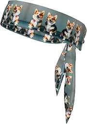 [YANYU] Wearing Clothes Cute Corgi Dogs Print Sports Head Tie Sweat Wicking Head Tie Quick Dry Adjustable for Men and Women