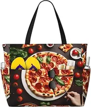 [Ghjkfbf] Pizza Food Print Large Capacity Beach Travel Bag For Family, Beach Tote Bag For Women With Zipper Pockets, Black, One Size
