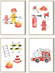 Children's Room Pictures, Set of 4, DIN A4 Poster Set, Fire Engine, Firefighter, Decorative Children's Room Boy, Baby Room Decoration, Wall Poster Premium (Fire Brigade V4)