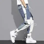Lettering Strappy Cargo Harem Pants Blue - L
