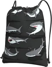 [JEJEA] Shark Print Drawstring Backpack With Zipper Pocket Cinch Bags Swim Gym Travel Bag For Men Women, Black, One Size