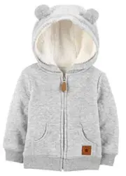 Baby Neutral Hooded Sweater Jacket with Sherpa Lining, Gray, 0-3 Months