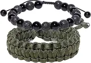 [Lightock] 2Pcs Obsidian/Lava Stone Beaded Bracelets for Women Handmade Survival Paracord Bracelets Outdoor Relaxation Gifts