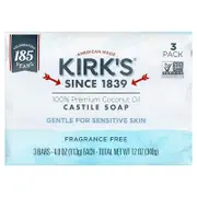Kirk's, 100% Premium Coconut Oil Castile Bar Soap, Fragrance Free, 3 Bars, 4 oz (113 g) Each