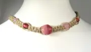 Handmade Flat Hemp Choker Necklace with Pink Glass Beads