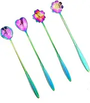 LEEFONE Flower Spoon Set of 4, 7 Inches Stainless Steel Reusable Cute Tea Spoon for Drink Mixing Milkshake Jam (Rainbow)