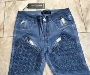 Vassari Men’s Skinny Leg Blue Canvas Denim Jeans Zippers Matt Weave Size 34x32
