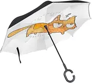 Double Layer Inverted Umbrella Cars Reverse Umbrella Angry Cat Funny Cartoon Windproof UV Proof Travel Outdoor Umbrella