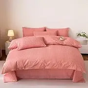 Plaid Print Queen Size Bedding Comforter Cover Pink Geometric Theme Duvet Cover Modern Nordic Reversible Bedding Set for Kids Teen Boys Girls Bedroom Decor,Queen(210x210cm)