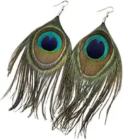 [LongcreekX] Peacock Earrings for Women, Peacock Feather Earrings for Girls, Bohemian Long Feather Dangle Earrings Hypoallergenic, Boho Feather Tassel Earrings, Natural Feather Drop Earrings, Cute Peacock Feather Jewelry Gifts Funny Earrings