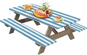 Table Cloth for Picnic Table, Waterproof Stripe Design Table and Bench Covers Set | Multifunctional Elastic Fit Lightweight Table Protector Sets for Camping, Reunion