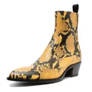 Men Snakeskin Print Real Leather Chelsea Boots Cuba Heels Pointed Toe Ankle Boot
