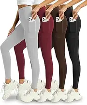 [Mlenhor] 4 Pack Leggings with Pockets for Women - Soft High Waisted Tummy Control Workout Yoga Pants, 4 Pack-gray/Burgundy/Coffee/Black, 5X-Large