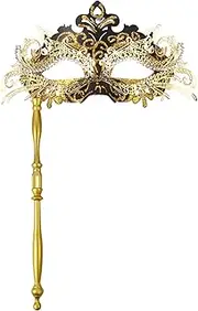 [JewelryWe] Masquerade Mask with Stick: Women Venetian Black Gold Costume Halloween Carnival Party Mardi Gras Decorations Mask