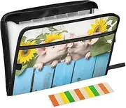 Quteprint 13 Pockets Expanding File Folder with Zipper Closure, Cute Pigs Sunflowers Accordion File Folder with Sticky Labels, Letter Size A4 Papers Expandable File Document Organizer