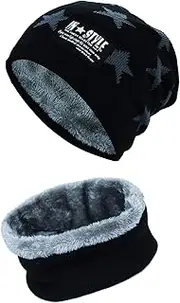 [Momoon] Thick Beanie Hat + Scarf Set Winter Warm Snow Knit Skull Cap for Children Boys Girls (Suitable for 6-14, Star Black, One size