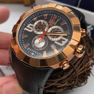 【MASERATI 瑪莎拉蒂】MASERATI手錶型號R8871603002(黑色錶面玫瑰金錶殼深黑色真皮皮革錶帶款)