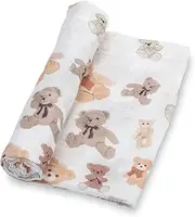 LollyBanks Swaddle Blanket | 100% Muslin Cotton | Gender Neutral Newborn and Baby Nursery Essentials for Girls and Boys, Registry | Teddy Bear Print