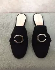Cole Haan Leela Suede Loafer Mule w/ Bow & Signature C-Buckle - Black, Size 6.5B