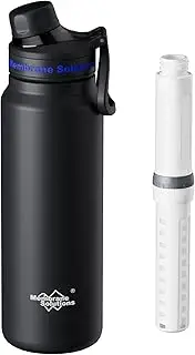 Membrane Solutions C3 Filtered Water Bottle, 32oz Stainless Steel Water Bottle with Replaceable ACF&UF Filter Cartridge, Portable Water Bottle, Travel, Hiking & Camping for Clean Drinking Water(Black)