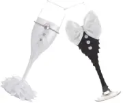 Bride and Groom Champagne Glasses Gift Set Bridal and Tuxedo Dress