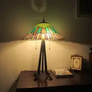 Tiffany Style Geometric Stained Glass Table Lamps 2 Bulb Dark Bronze Base PAIR