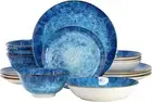 Elama Oceanus 16 Piece Porcelain Double Bowl Dinnerware Set in Blue, Tableware S