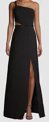 Aidan Mattox Women's Black One-Shoulder Embellished Cutout Gown Dress Size 2