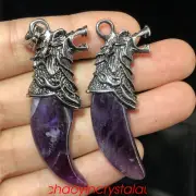 2pcs Natural Dreamy Amethyst Wolf Teeth Pendant Quartz Crystal Skull Carved Gem