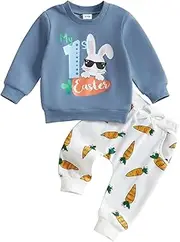 ESSECMBS Kleinkind Baby Jungen Mein Erstes Ostern 2 Stück Bekleidungsset Langarm Buchstaben Hase Sweatshirt Elastische Taille Karotte Hose Herbst Winter Ostern Trainingsanzüge