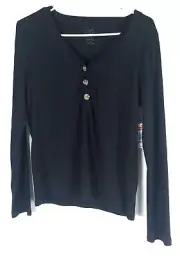 Women's Sweet Tea's by Pink Rose Black V-Neck Button Accent Long Sleeve Blouse
