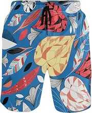[GuoChe] Men's Beach Shorts Colorful Beautiful Plant Leaves Blue Quick Dry Beachwear Sports Running Swim Board Shorts Mesh