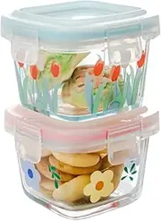 yaocoral 2 Pack 4 OZ Mini Square Glass Food Storage Containers,Small Food Jars Floral Glass Container with Lids for Sauce,Snack,Yogurt,Dressing,Dip,Dessert,Leakproof,Airtight,Freezer Microwave Safe