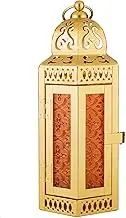 ANRUST Gold Decorative Metal Candle Lantern, Moroccan Style Hanging Lantern, Metal Tabletop Lantern Decor, Candle Holders for Outdoor Patio Medium Size without LED (Gold Amber)