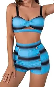 [Generic] High Waisted Swimsuit for Women Cute Two Piece Bathing Suit Cutout Bikini Set Tummy Control Swimwear with Boyshorts