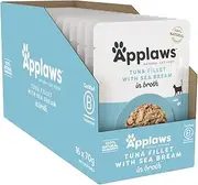 Applaws 100% Natural Wet Cat Food Tuna Fillet with Sea Bream in Broth, Limited Ingredients Pet Food 70g Pouch (Pack of 16)