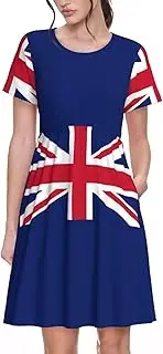 [EdWal] British Flag Print Womens Sundress Summer Floral Short Sleeve Wrap Round Neck A-Line Midi Dress Summer