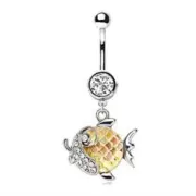 316L Stainless Steel Jeweled Gold Fish Dangle Navel Ring